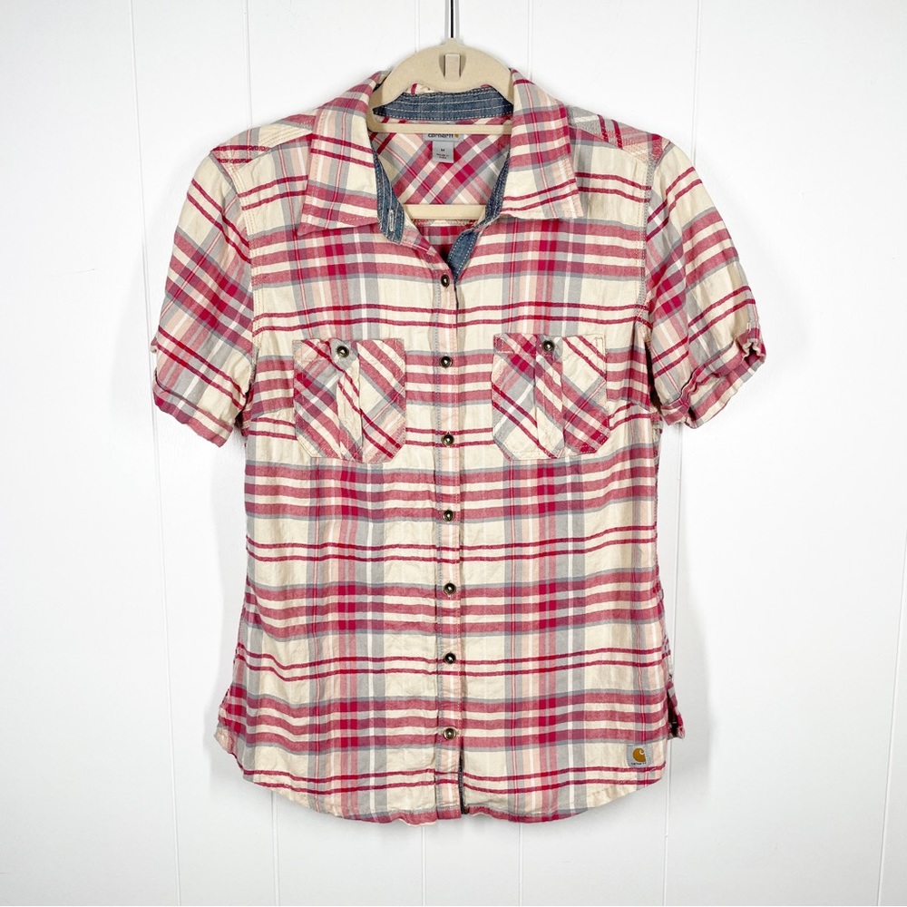 Carhartt Women's Pink and Yellow Plaid Short Sleeve Button Down Medium